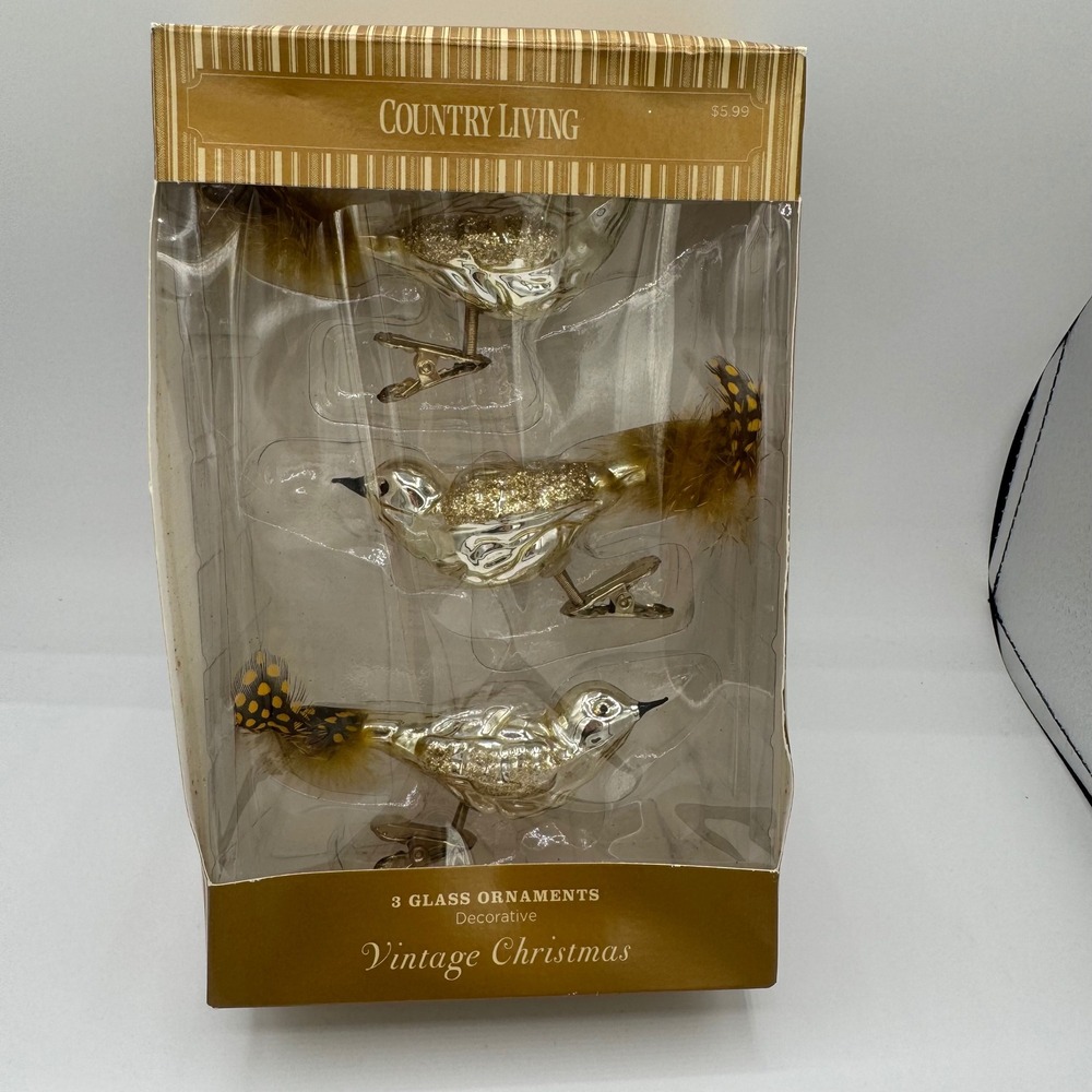 Country Living 3 Glass Bird Christmas Ornaments Clip On Gold Mercury Feather